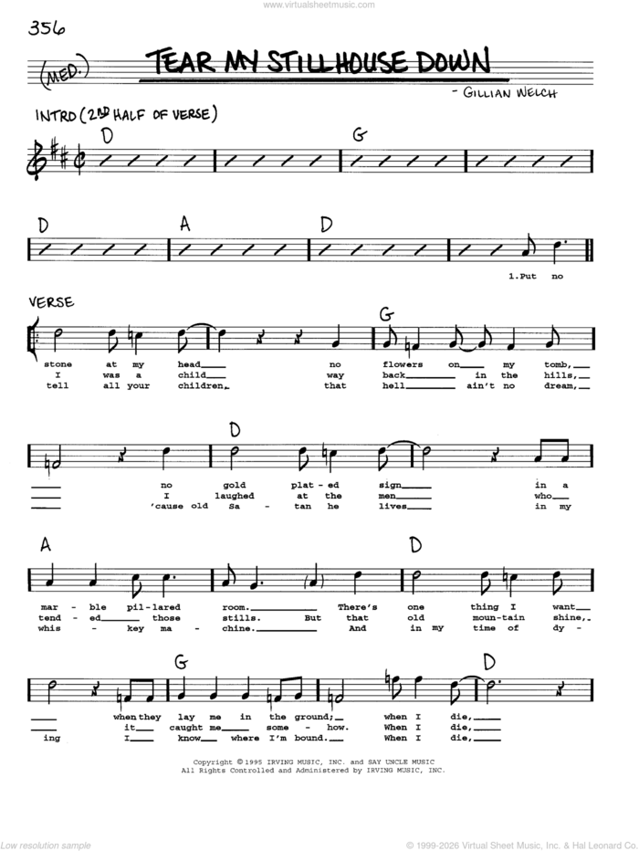 Tear My Stillhouse Down sheet music for voice and other instruments (real book with lyrics) by Gillian Welch, intermediate skill level