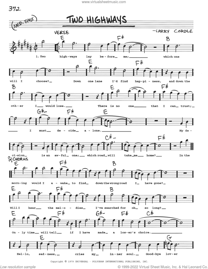 Two Highways sheet music for voice and other instruments (real book with lyrics) by Larry Cordle, intermediate skill level