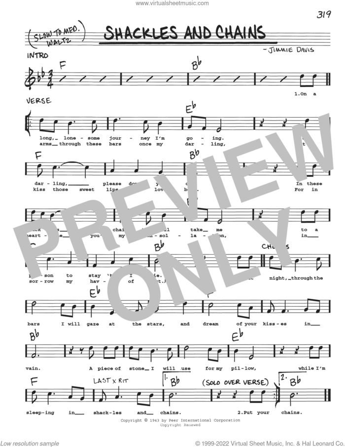 Shackles And Chains sheet music for voice and other instruments (real book with lyrics) by Jimmie Davis, intermediate skill level