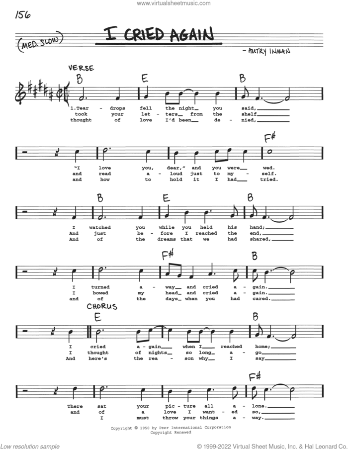 I Cried Again sheet music for voice and other instruments (real book with lyrics) by Autry Inman, intermediate skill level