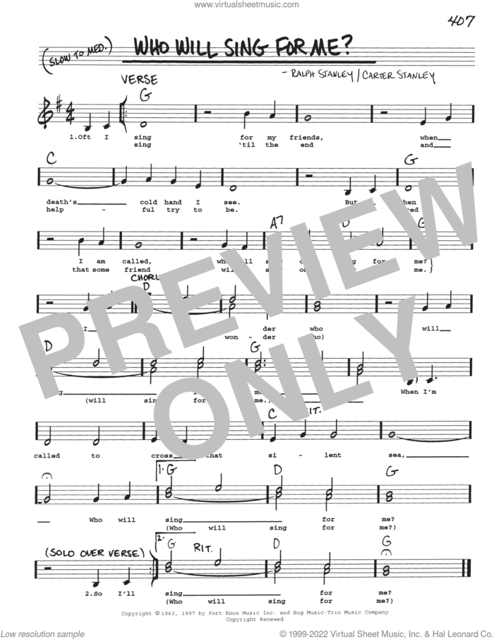 Who Will Sing For Me? sheet music for voice and other instruments (real book with lyrics) by Carter Stanley, Ralph Stanley and The Stanley Brothers, intermediate skill level