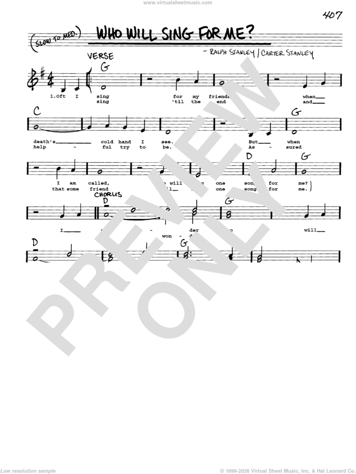 Who Will Sing For Me? sheet music for voice and other instruments (real book with lyrics) by Carter Stanley, Ralph Stanley and The Stanley Brothers, intermediate skill level