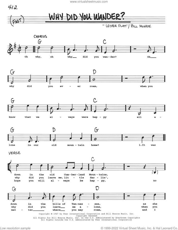 Why Did You Wander? sheet music for voice and other instruments (real book with lyrics) by Bill Monroe and Lester Flatt, intermediate skill level