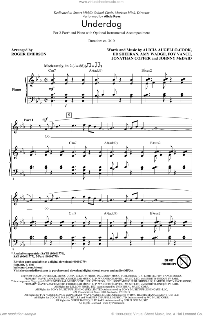 Underdog (arr. Roger Emerson) sheet music for choir (2-Part) by Alicia Keys, Roger Emerson, Alicia Augello-Cook, Amy Wadge, Ed Sheeran, Foy Vance, Johnny McDaid and Jonny Coffer, intermediate duet