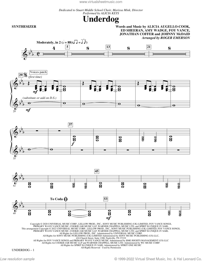 Underdog (arr. Roger Emerson) (complete set of parts) sheet music for orchestra/band by Roger Emerson, Alicia Augello-Cook, Alicia Keys, Amy Wadge, Ed Sheeran, Foy Vance, Johnny McDaid and Jonny Coffer, intermediate skill level