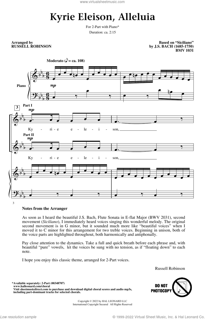 Kyrie Eleison, Alleluia (arr. Russell Robinson) sheet music for choir (2-Part) by Johann Sebastian Bach and Russell Robinson, intermediate duet