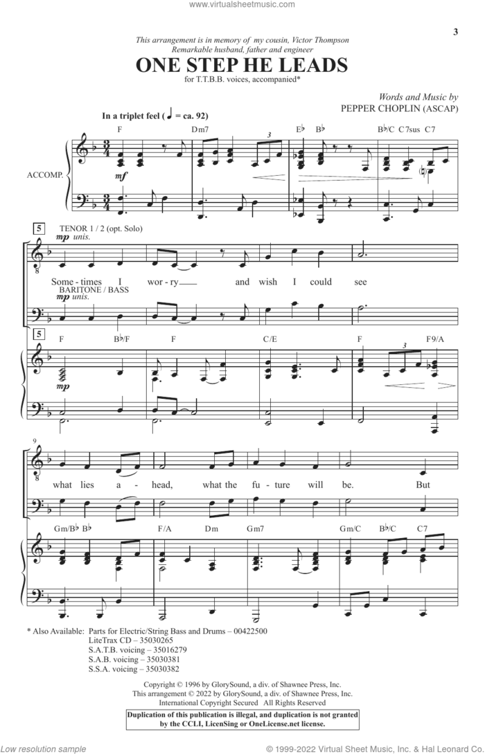 One Step He Leads sheet music for choir (TTBB: tenor, bass) by Pepper Choplin, intermediate skill level
