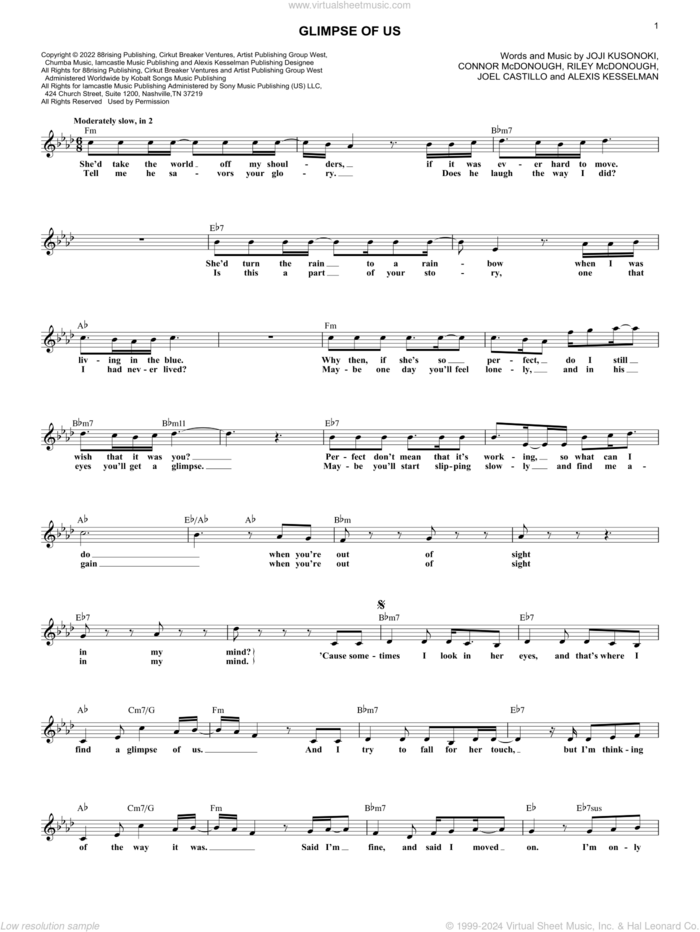 Glimpse Of Us sheet music for voice and other instruments (fake book) by Joji, Alexis Kesselman, Connor McDonough, Joel Castillo, Joji Kusunoki and Riley McDonough, intermediate skill level