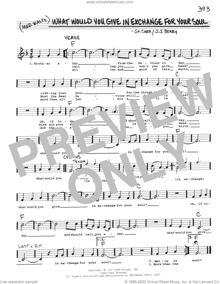 What Would You Give In Exchange For Your Soul sheet music for voice and other instruments (real book with lyrics) by J.H. Carr and J.J. Berry, intermediate skill level