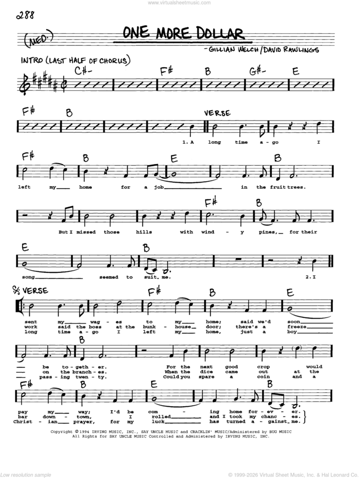 One More Dollar sheet music for voice and other instruments (real book with lyrics) by Gillian Welch and David Rawlings, intermediate skill level