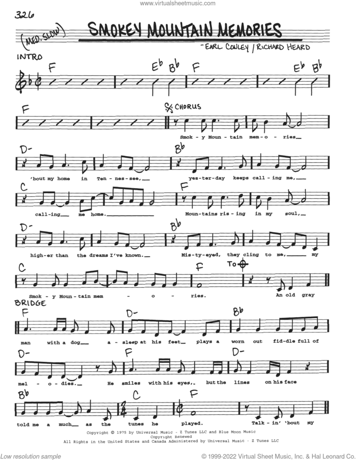 Smokey Mountain Memories sheet music for voice and other instruments (real book with lyrics) by Earl Conley and Richard Heard, intermediate skill level
