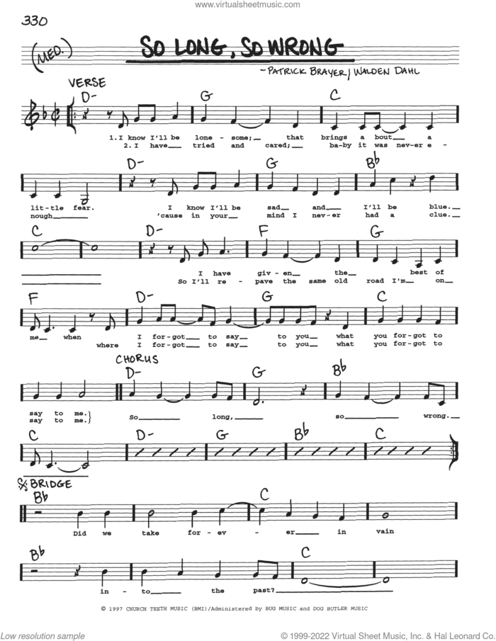 So Long, So Wrong sheet music for voice and other instruments (real book with lyrics) by Alison Krauss, Patrick Brayer and Walden Dahl, intermediate skill level