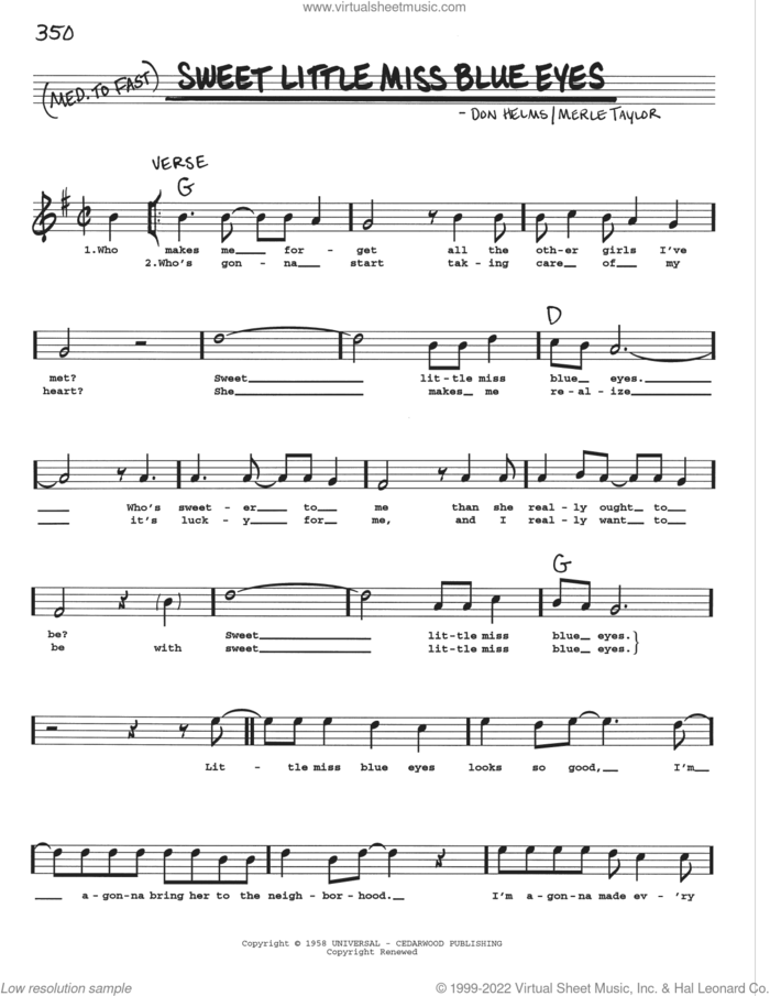 Sweet Little Miss Blue Eyes sheet music for voice and other instruments (real book with lyrics) by Jim & Jesse and The Virginia Boys, Don Helms and Merle Taylor, intermediate skill level