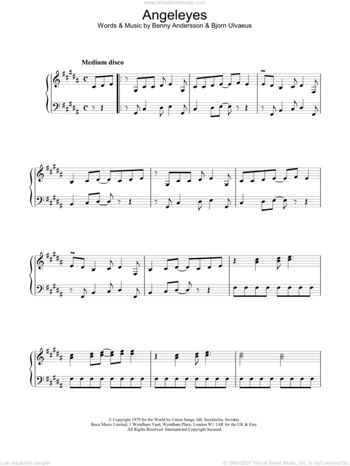Angeleyes sheet music for voice, piano or guitar by ABBA, Benny Andersson and Bjorn Ulvaeus, intermediate skill level