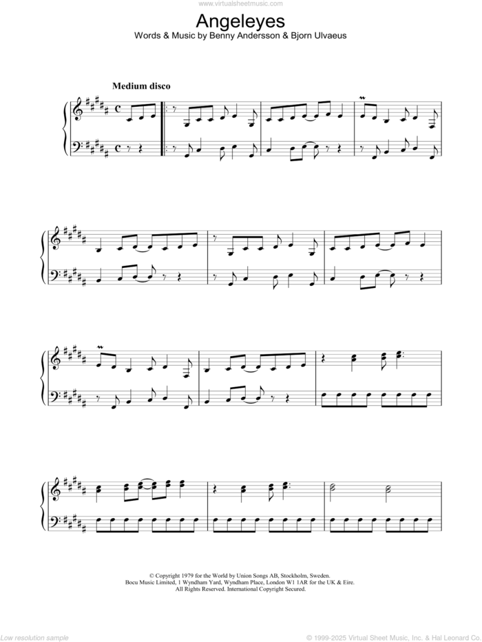 Angeleyes sheet music for voice, piano or guitar by ABBA, Benny Andersson and Bjorn Ulvaeus, intermediate skill level