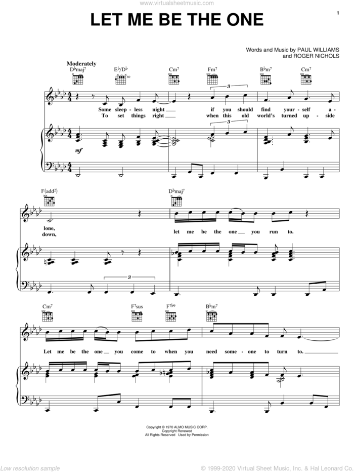 Let Me Be The One sheet music for voice, piano or guitar by Carpenters, Paul Williams and Roger Nichols, intermediate skill level