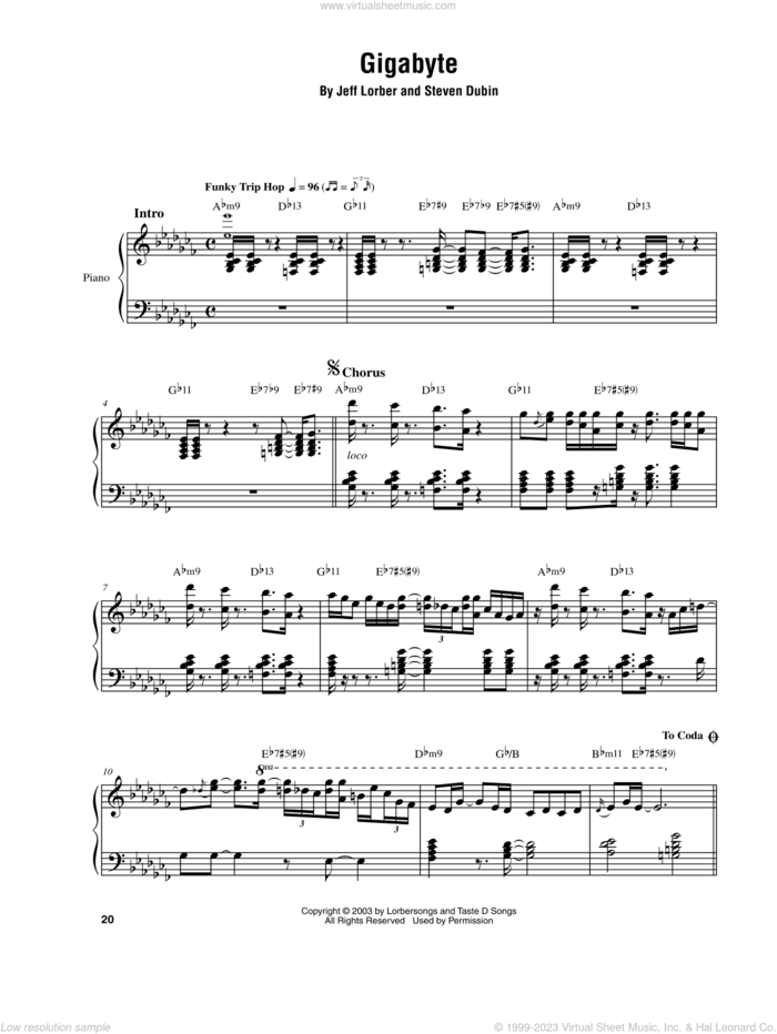 Gigabyte sheet music for piano solo (transcription) by Jeff Lorber and Steven Dubin, intermediate piano (transcription)