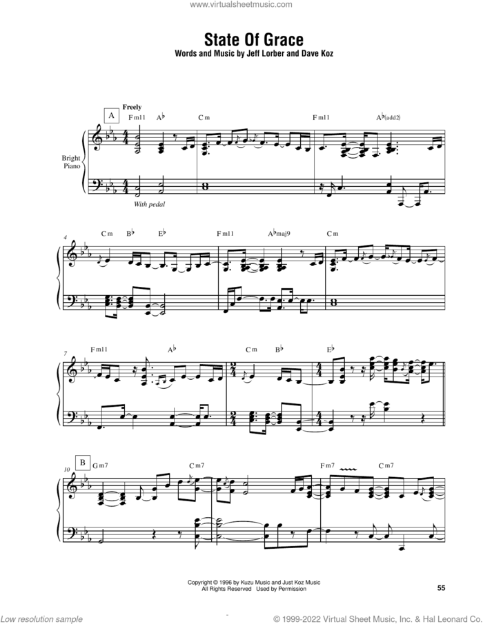 State Of Grace sheet music for piano solo (transcription) by Jeff Lorber and Dave Koz, intermediate piano (transcription)