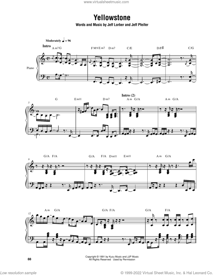 Yellowstone sheet music for piano solo (transcription) by Jeff Lorber and Jeff Pfeifer, intermediate piano (transcription)