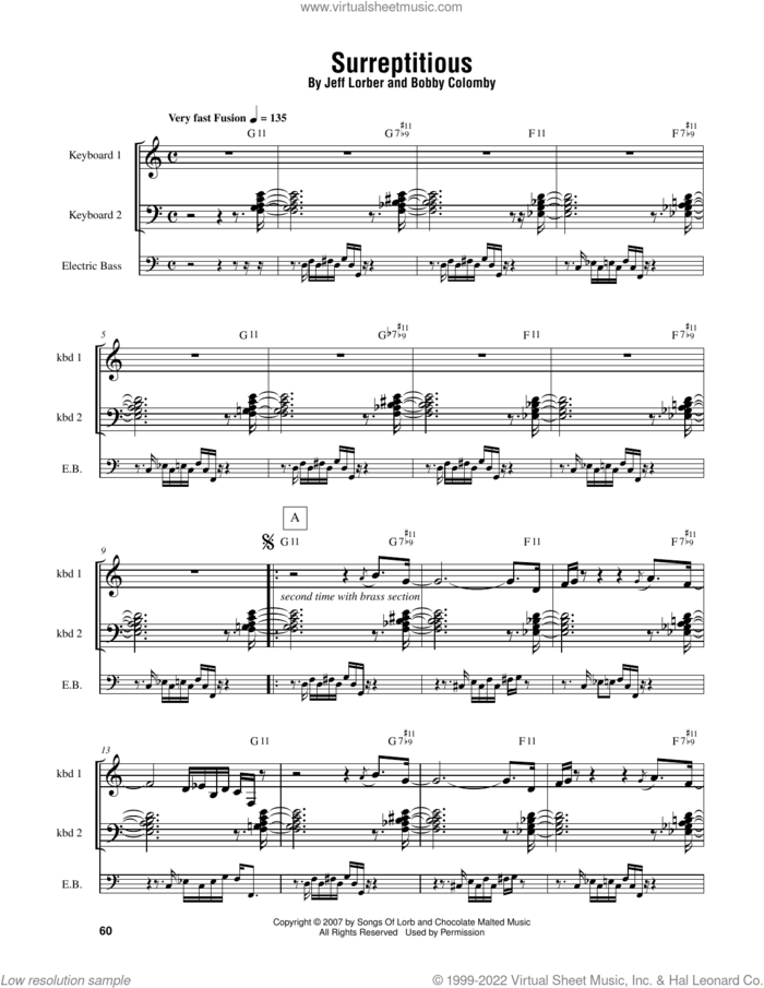 Surreptitious sheet music for piano solo (transcription) by Jeff Lorber and Bobby Colomby, intermediate piano (transcription)