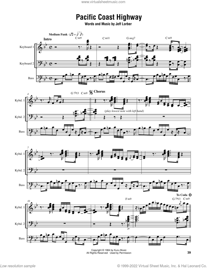 Pacific Coast Highway sheet music for piano solo (transcription) by Jeff Lorber, intermediate piano (transcription)