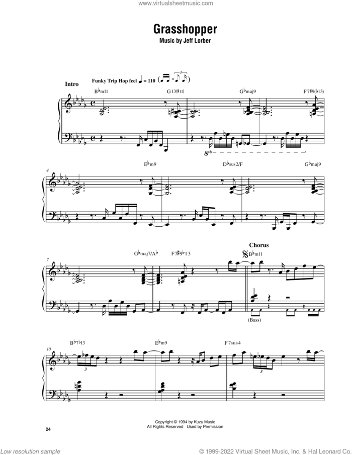 Grasshopper sheet music for piano solo (transcription) by Jeff Lorber, intermediate piano (transcription)