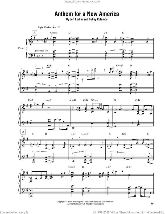 Anthem For A New America sheet music for piano solo (transcription) by Jeff Lorber and Bobby Colomby, intermediate piano (transcription)