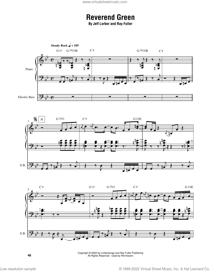 Reverend Green sheet music for piano solo (transcription) by Jeff Lorber and Ray Fuller, intermediate piano (transcription)