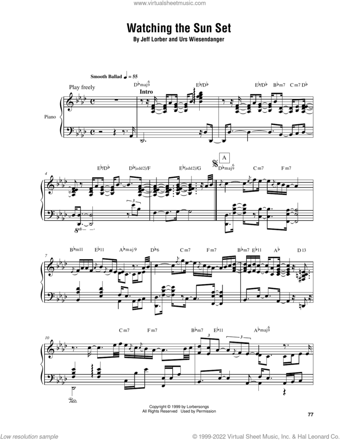 Watching The Sun Set sheet music for piano solo (transcription) by Jeff Lorber and Urs Wiesendanger, intermediate piano (transcription)