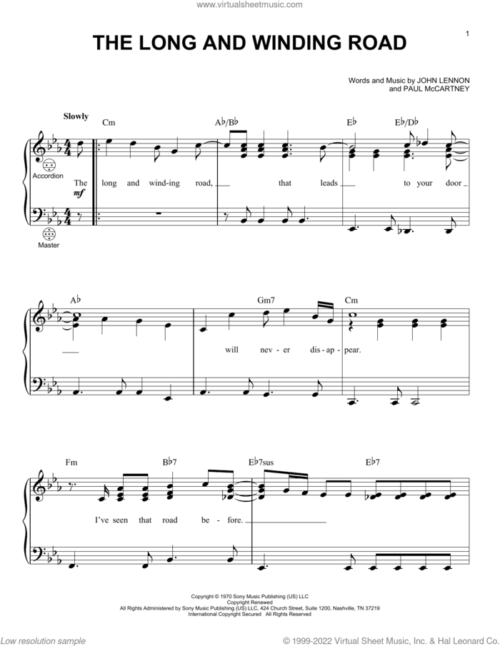 The Long And Winding Road sheet music for accordion by The Beatles, John Lennon and Paul McCartney, intermediate skill level