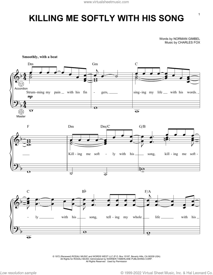 Killing Me Softly With His Song sheet music for accordion by Roberta Flack, Charles Fox and Norman Gimbel, intermediate skill level