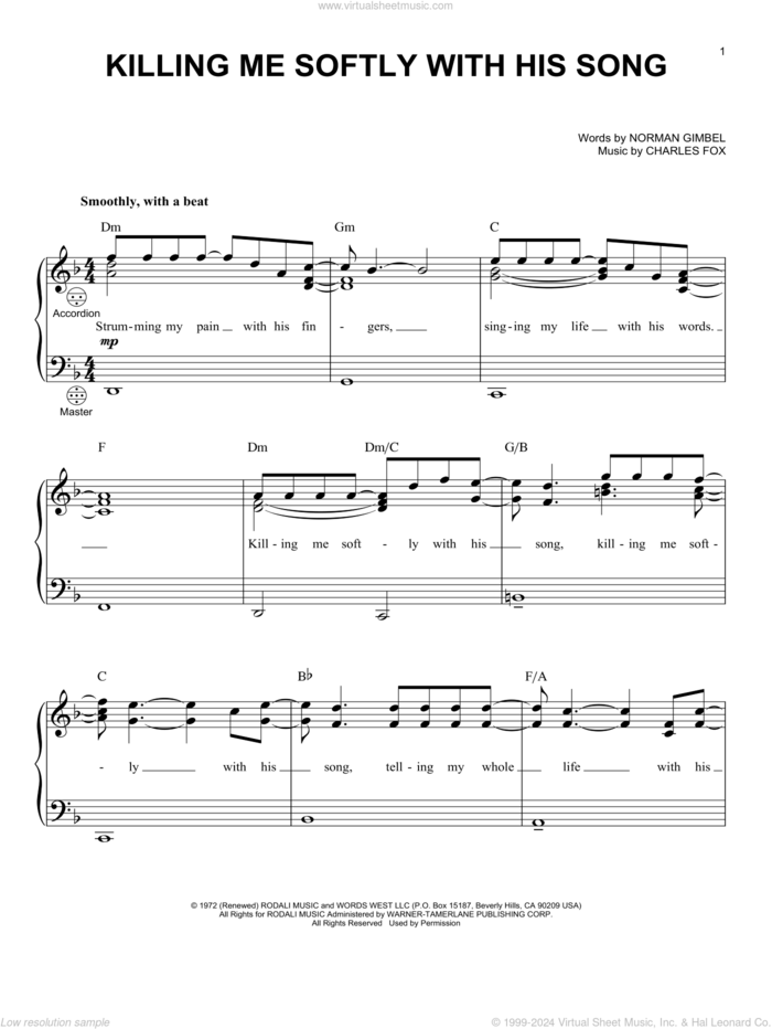 Killing Me Softly With His Song sheet music for accordion by Roberta Flack, Charles Fox and Norman Gimbel, intermediate skill level