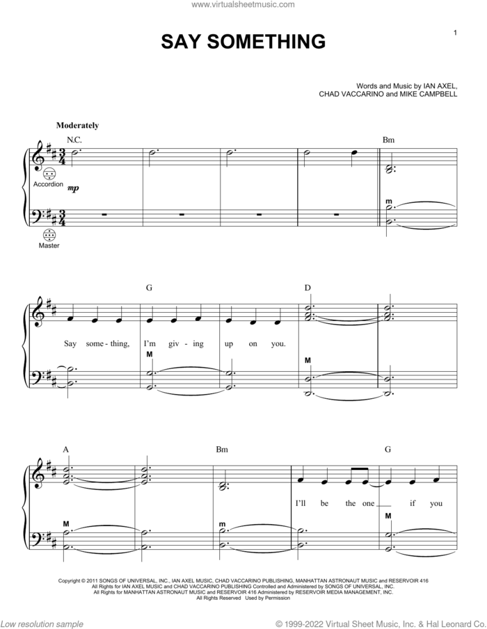 Say Something sheet music for accordion by A Great Big World, Chad Vaccarino, Ian Axel and Mike Campbell, intermediate skill level