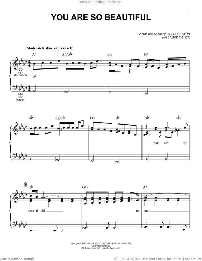 You Are So Beautiful sheet music for accordion by Joe Cocker, Billy Preston and Bruce Fisher, intermediate skill level
