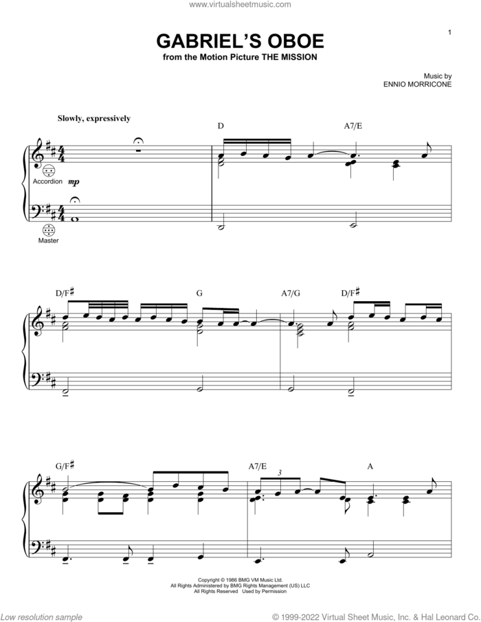 Gabriel's Oboe (from The Mission) sheet music for accordion by Ennio Morricone, intermediate skill level