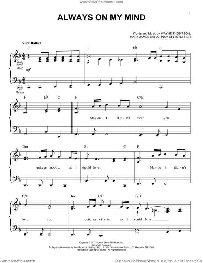 Always On My Mind sheet music for accordion by Willie Nelson, Elvis Presley, Johnny Christopher, Mark James and Wayne Thompson, intermediate skill level