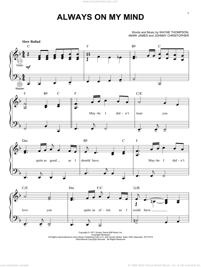 Always On My Mind sheet music for accordion by Willie Nelson, Elvis Presley, Johnny Christopher, Mark James and Wayne Thompson, intermediate skill level