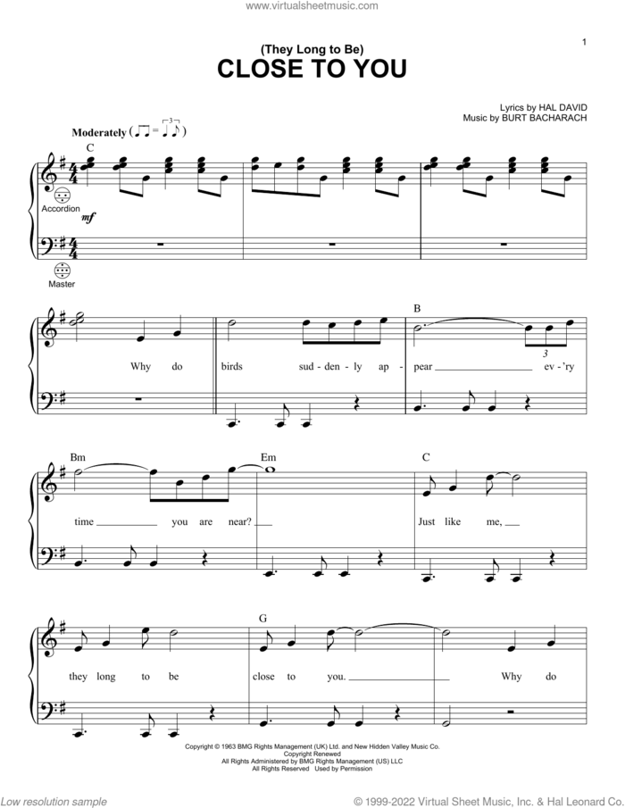 (They Long To Be) Close To You sheet music for accordion by Carpenters, Burt Bacharach and Hal David, intermediate skill level