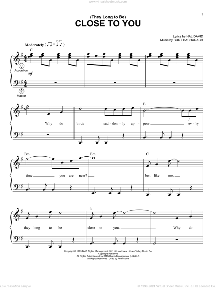 (They Long To Be) Close To You sheet music for accordion by Carpenters, Burt Bacharach and Hal David, intermediate skill level