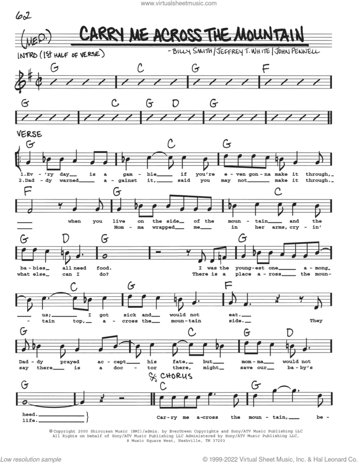 Carry Me Across The Mountain sheet music for voice and other instruments (real book with lyrics) by Dan Tyminski, Billy Smith, Jeffrey T. White and John Pennell, intermediate skill level