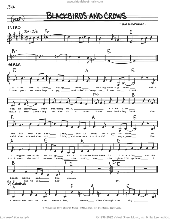 Blackbirds and Crows sheet music for voice and other instruments (real book with lyrics) by Nashville Bluegrass Band and Don Humphries, intermediate skill level