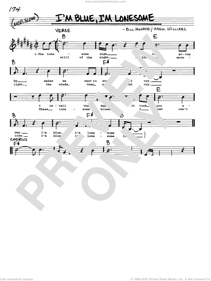 I'm Blue, I'm Lonesome sheet music for voice and other instruments (real book with lyrics) by Bill Monroe and Hank Williams, intermediate skill level