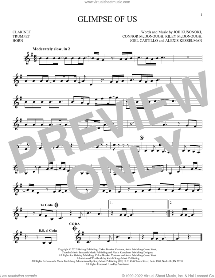 Glimpse Of Us sheet music for Solo Instrument (treble clef low) by Joji, Alexis Kesselman, Connor McDonough, Joel Castillo, Joji Kusunoki and Riley McDonough, intermediate skill level