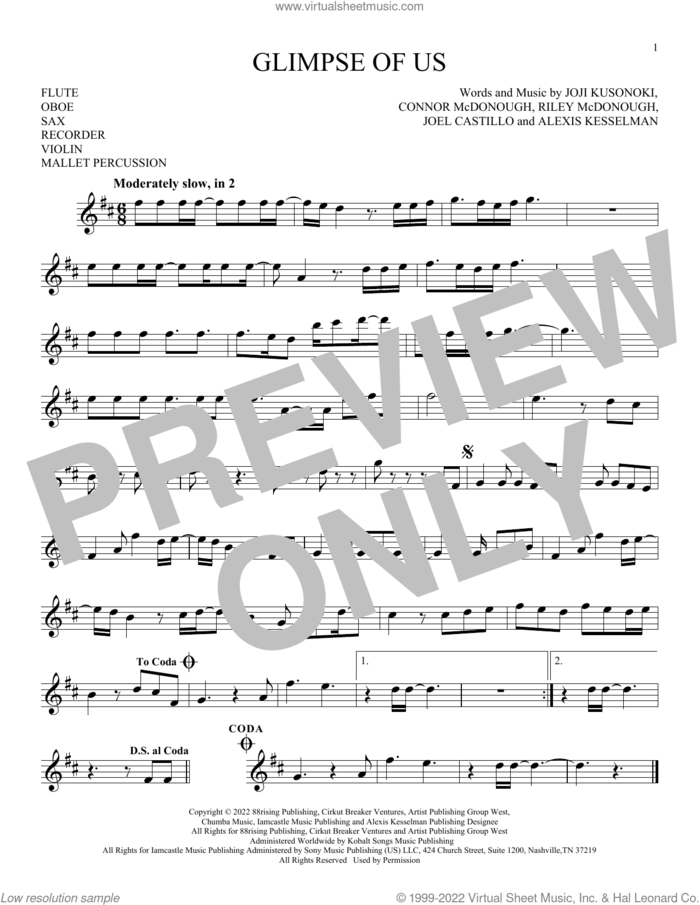 Glimpse Of Us sheet music for Solo Instrument (treble clef high) by Joji, Alexis Kesselman, Connor McDonough, Joel Castillo, Joji Kusunoki and Riley McDonough, intermediate skill level