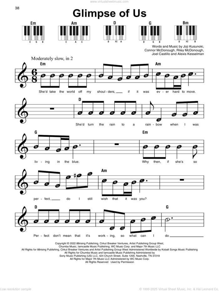 Glimpse Of Us sheet music for piano solo by Joji, Alexis Kesselman, Connor McDonough, Joel Castillo, Joji Kusunoki and Riley McDonough, beginner skill level