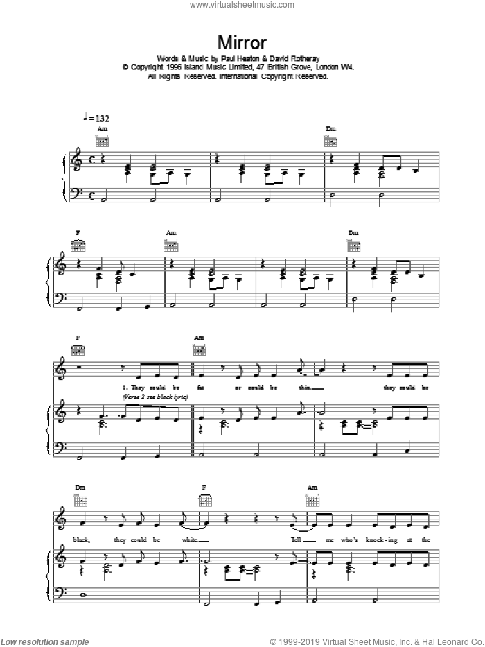 Mirror sheet music for voice, piano or guitar by The Beautiful South, intermediate skill level