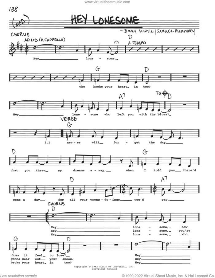 Hey Lonesome sheet music for voice and other instruments (real book with lyrics) by Jimmy Martin and Samuel Humphrey, intermediate skill level