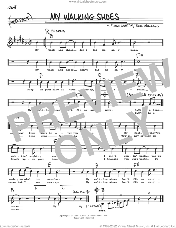My Walking Shoes sheet music for voice and other instruments (real book with lyrics) by Jimmy Martin and Paul Williams, intermediate skill level
