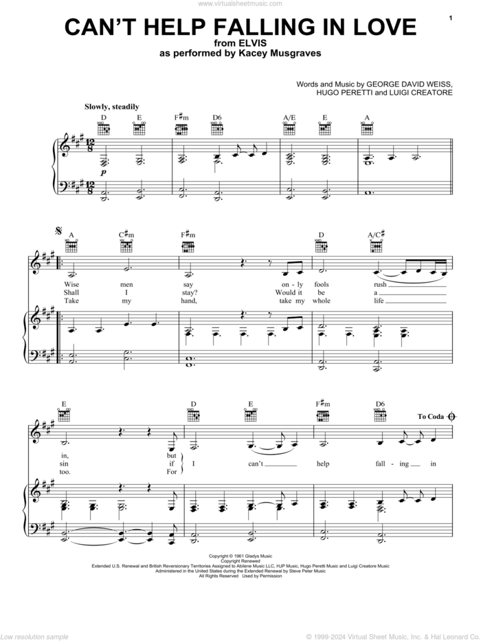 Can't Help Falling In Love (from ELVIS) sheet music for voice, piano or guitar by Kacey Musgraves, Elvis Presley, George David Weiss, Hugo Peretti and Luigi Creatore, intermediate skill level