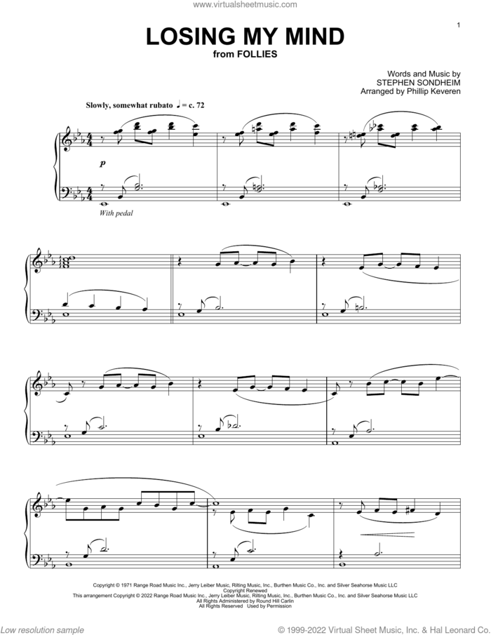 Losing My Mind (from Follies), (intermediate) sheet music for piano solo by Stephen Sondheim and Phillip Keveren, intermediate skill level